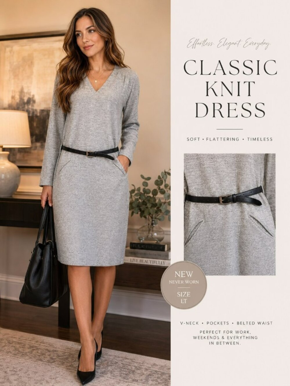 Vintage Fred Rothschild Belted Dress Size 16 NWT Classic Gray Career Midi Dress